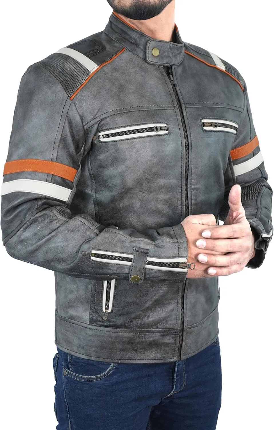 Mens Genuine Leather Jacket Cafe Racer Vintage Retro Style Biker Distressed Leather Motorcycle Jacket