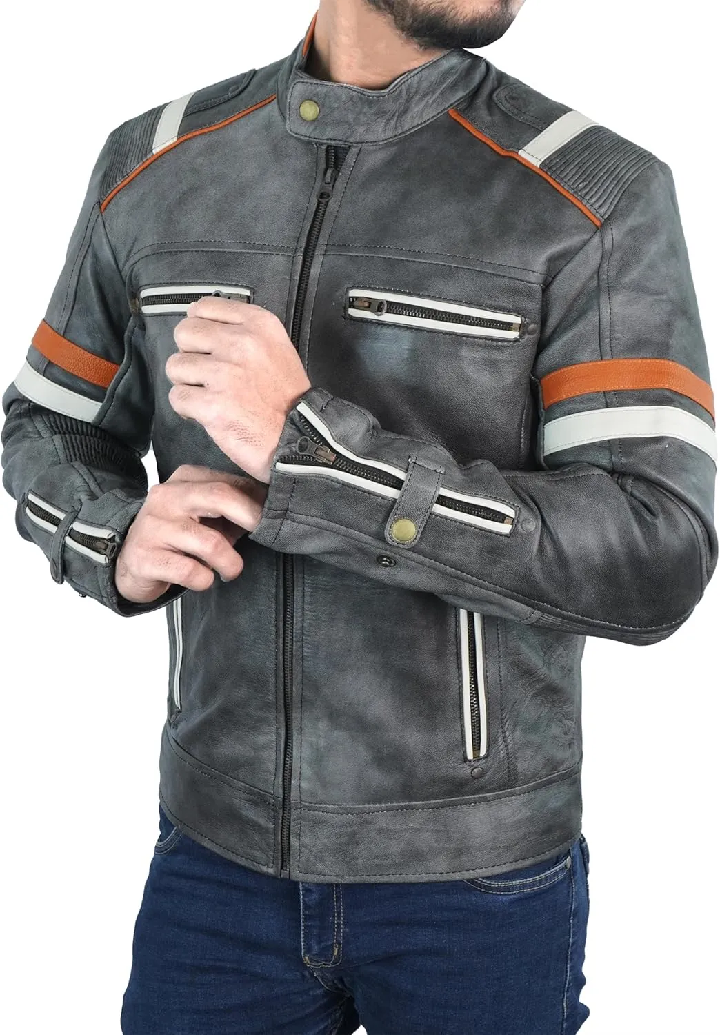 Mens Genuine Leather Jacket Cafe Racer Vintage Retro Style Biker Distressed Leather Motorcycle Jacket