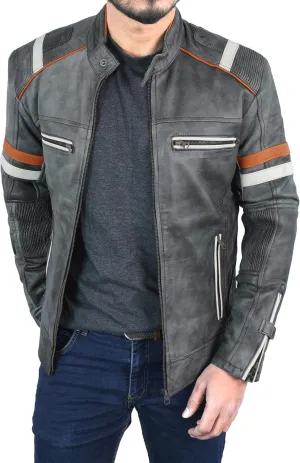 Mens Genuine Leather Jacket Cafe Racer Vintage Retro Style Biker Distressed Leather Motorcycle Jacket