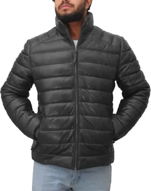 Mens Lambskin Leather Puffer Jacket for Men Real Down Quilted Puffer Coat Lightweight Zip-Up Puffer Jacket