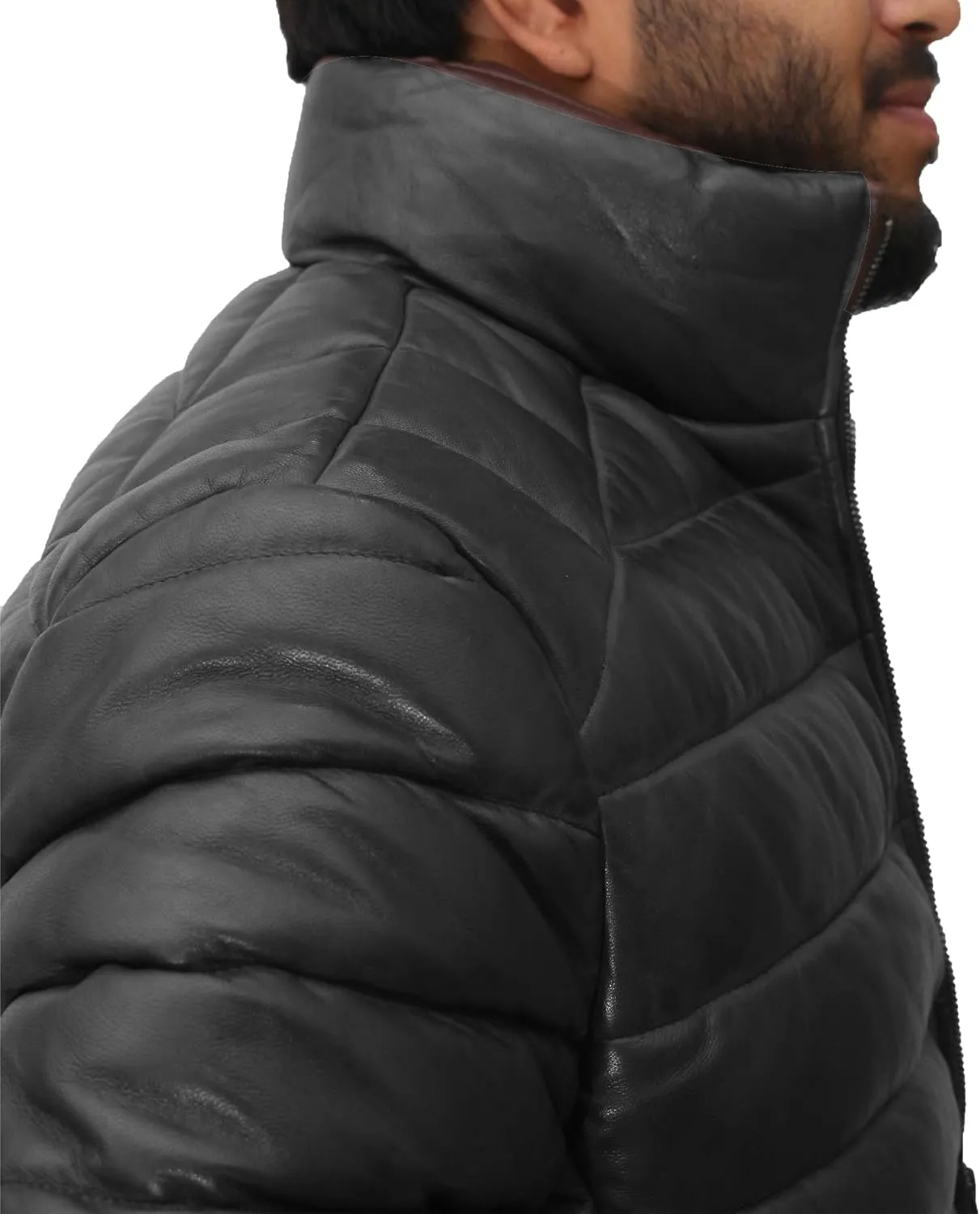 Mens Lambskin Leather Puffer Jacket for Men Real Down Quilted Puffer Coat Lightweight Zip-Up Puffer Jacket