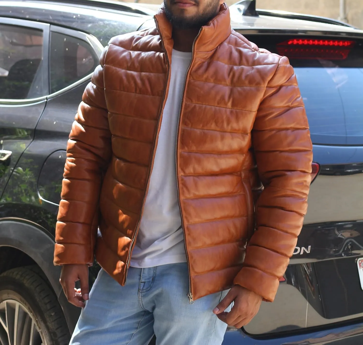 Mens Lambskin Leather Puffer Jacket for Men Real Down Quilted Puffer Coat Lightweight Zip-Up Puffer Jacket
