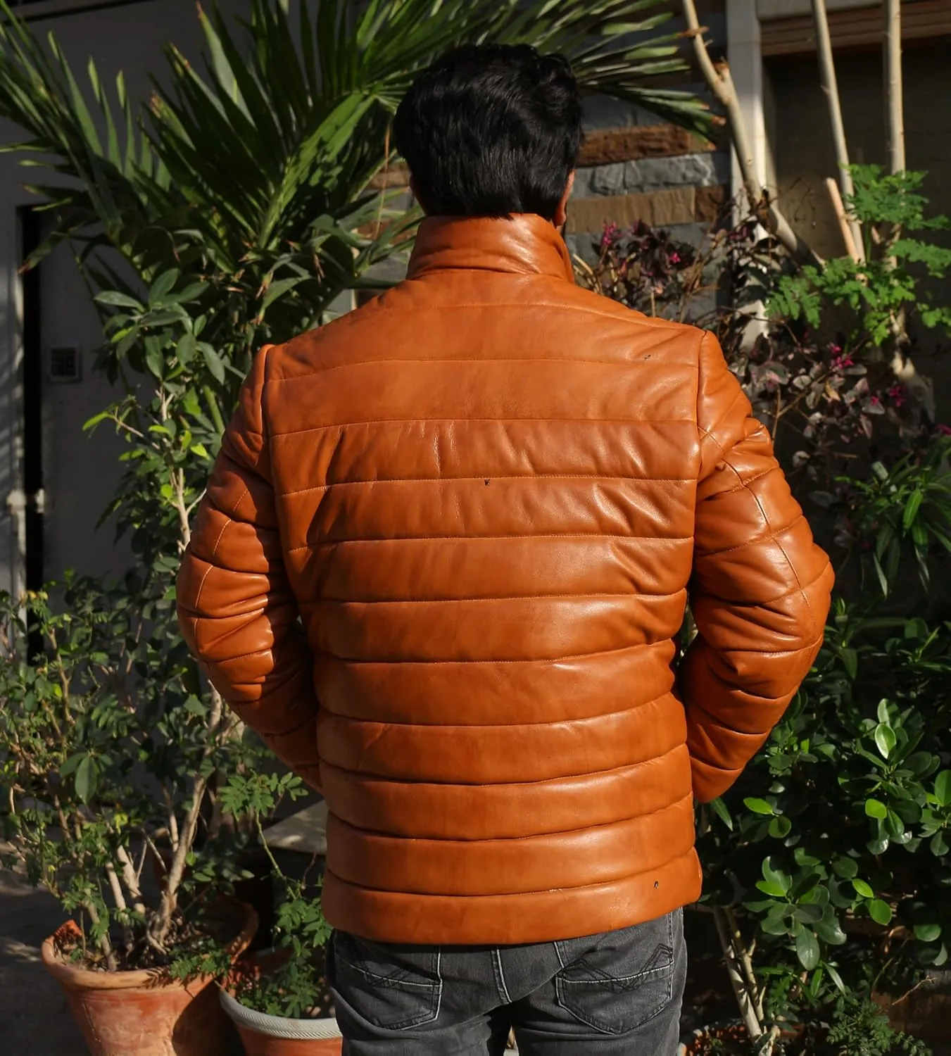 Mens Lambskin Leather Puffer Jacket for Men Real Down Quilted Puffer Coat Lightweight Zip-Up Puffer Jacket