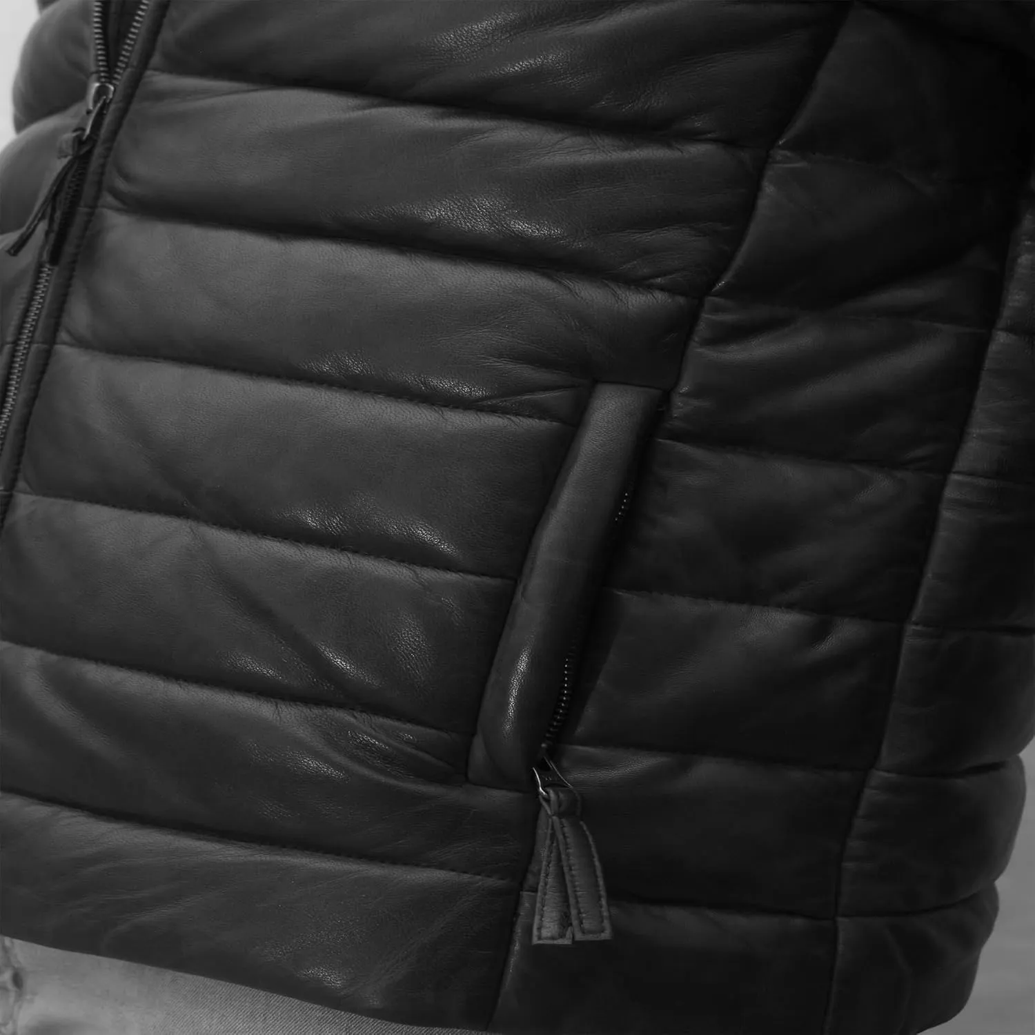 Mens Lambskin Leather Puffer Jacket for Men Real Down Quilted Puffer Coat Lightweight Zip-Up Puffer Jacket