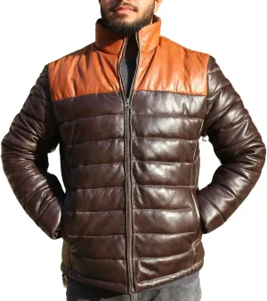Mens Lambskin Leather Puffer Jacket for Men Real Down Quilted Puffer Coat Lightweight Zip-Up Puffer Jacket