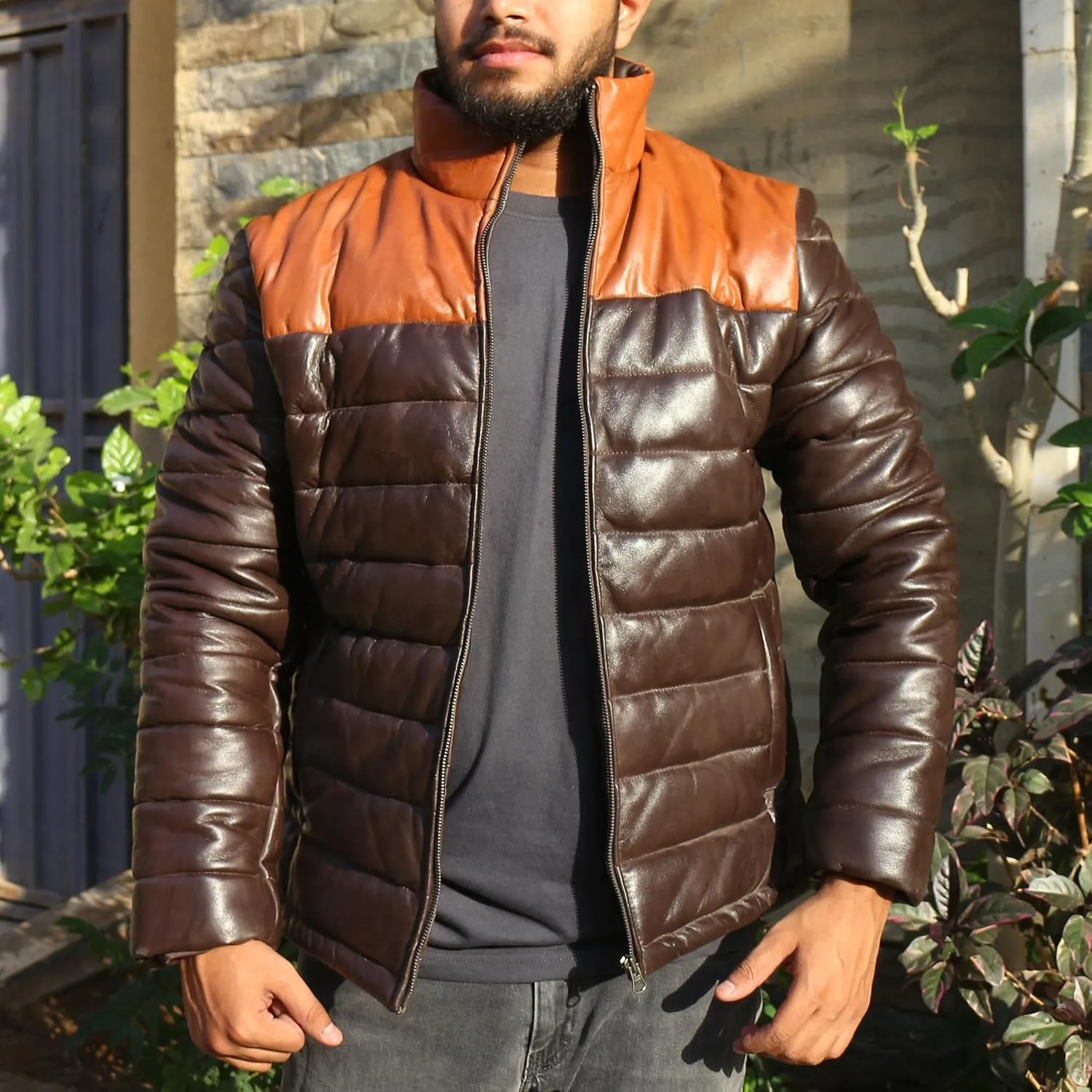 Mens Lambskin Leather Puffer Jacket for Men Real Down Quilted Puffer Coat Lightweight Zip-Up Puffer Jacket