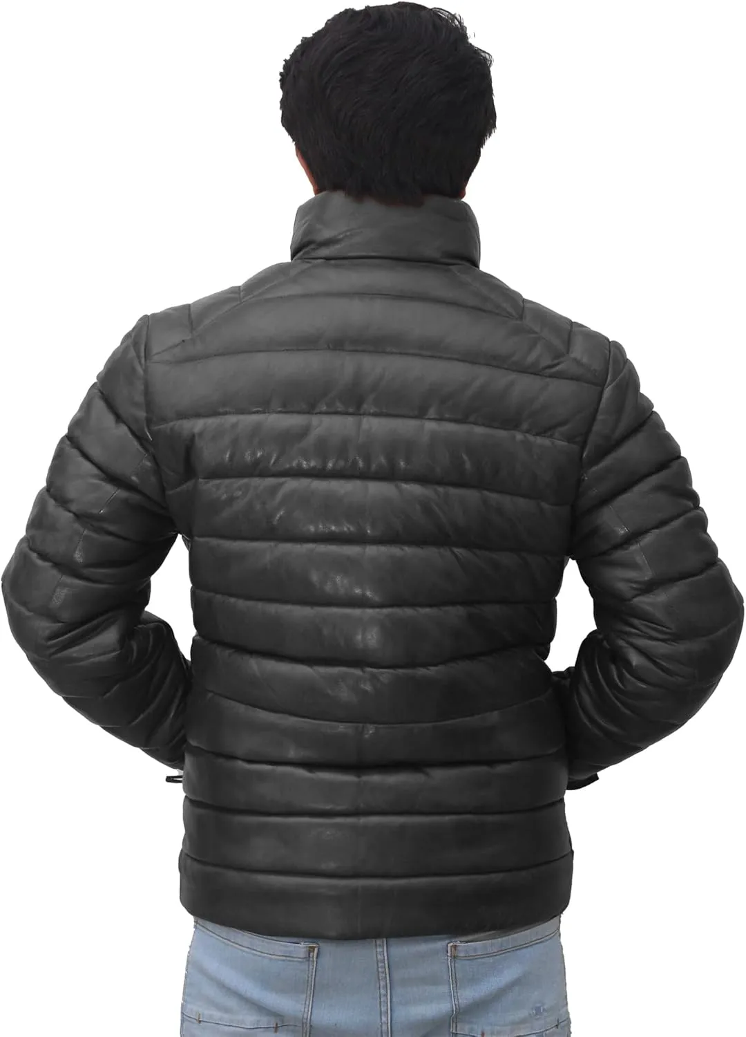 Mens Lambskin Leather Puffer Jacket for Men Real Down Quilted Puffer Coat Lightweight Zip-Up Puffer Jacket
