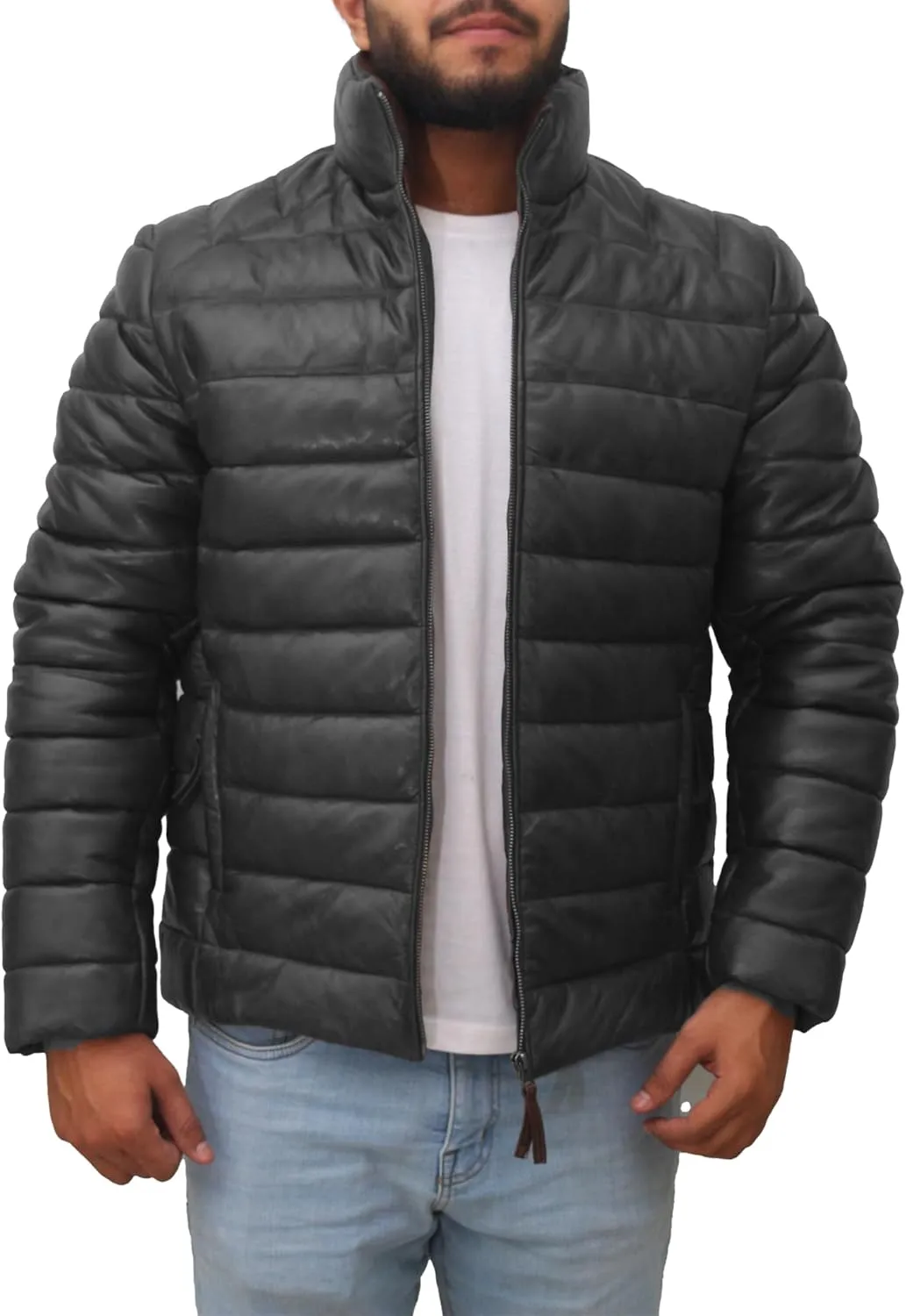 Mens Lambskin Leather Puffer Jacket for Men Real Down Quilted Puffer Coat Lightweight Zip-Up Puffer Jacket