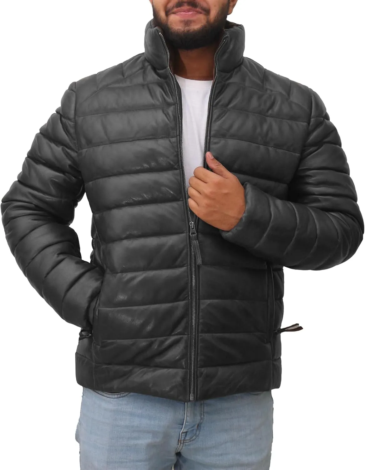 Mens Lambskin Leather Puffer Jacket for Men Real Down Quilted Puffer Coat Lightweight Zip-Up Puffer Jacket