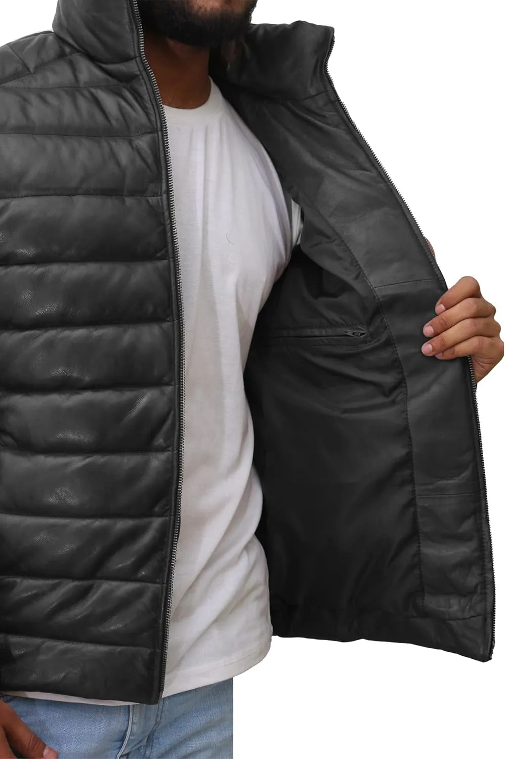 Mens Lambskin Leather Puffer Jacket for Men Real Down Quilted Puffer Coat Lightweight Zip-Up Puffer Jacket