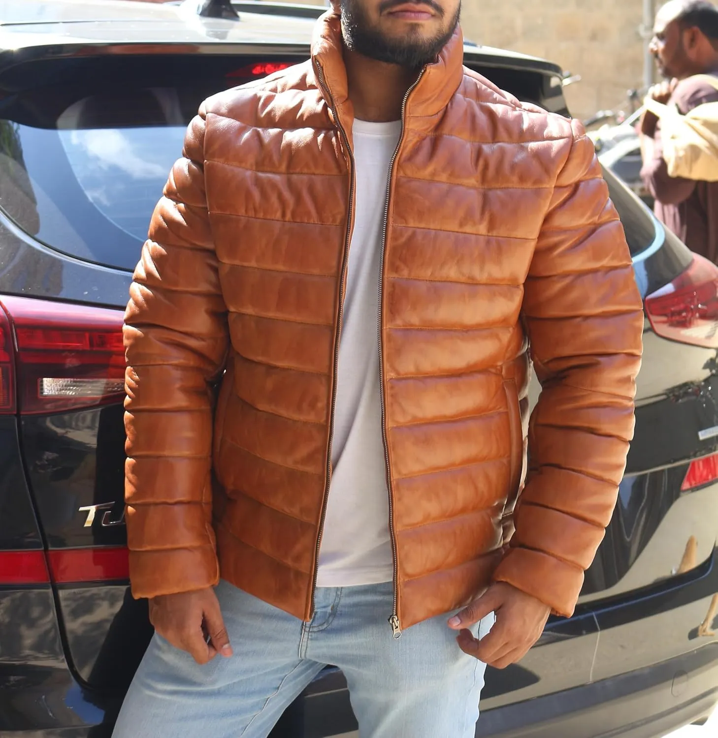 Mens Lambskin Leather Puffer Jacket for Men Real Down Quilted Puffer Coat Lightweight Zip-Up Puffer Jacket