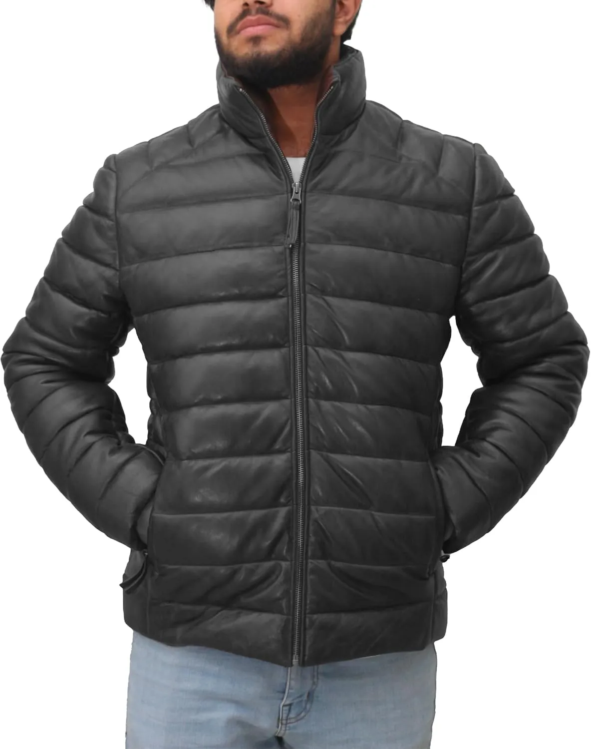 Mens Lambskin Leather Puffer Jacket for Men Real Down Quilted Puffer Coat Lightweight Zip-Up Puffer Jacket