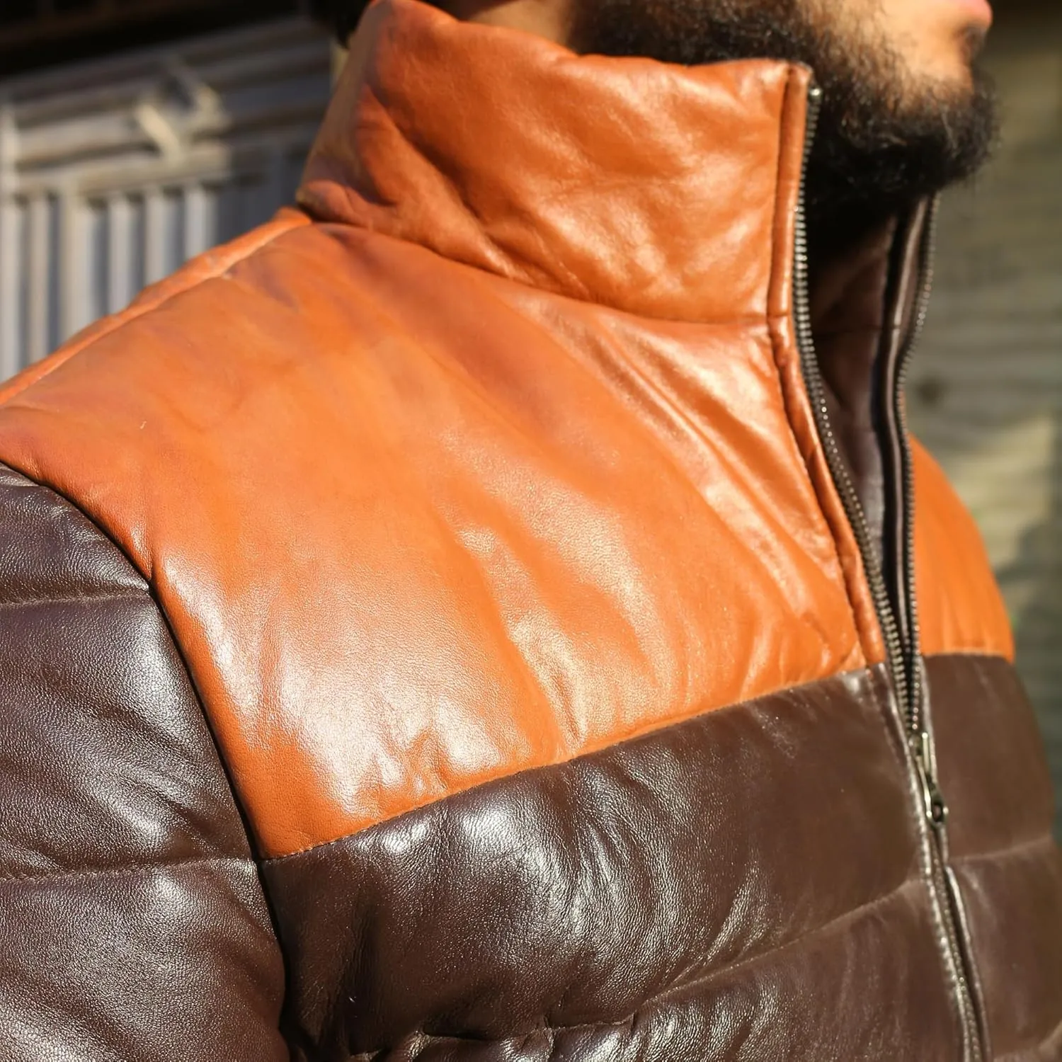 Mens Lambskin Leather Puffer Jacket for Men Real Down Quilted Puffer Coat Lightweight Zip-Up Puffer Jacket