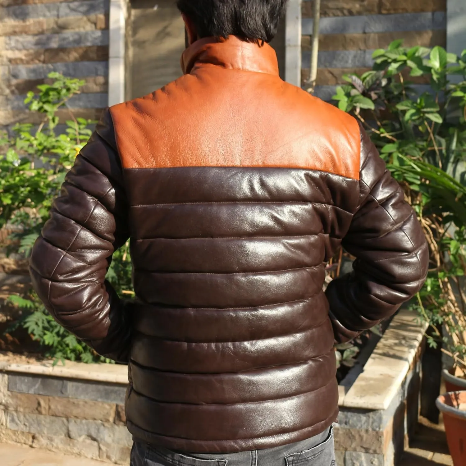Mens Lambskin Leather Puffer Jacket for Men Real Down Quilted Puffer Coat Lightweight Zip-Up Puffer Jacket