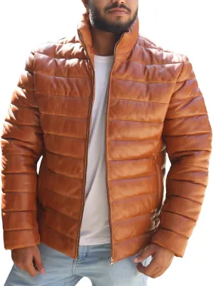 Mens Lambskin Leather Puffer Jacket for Men Real Down Quilted Puffer Coat Lightweight Zip-Up Puffer Jacket