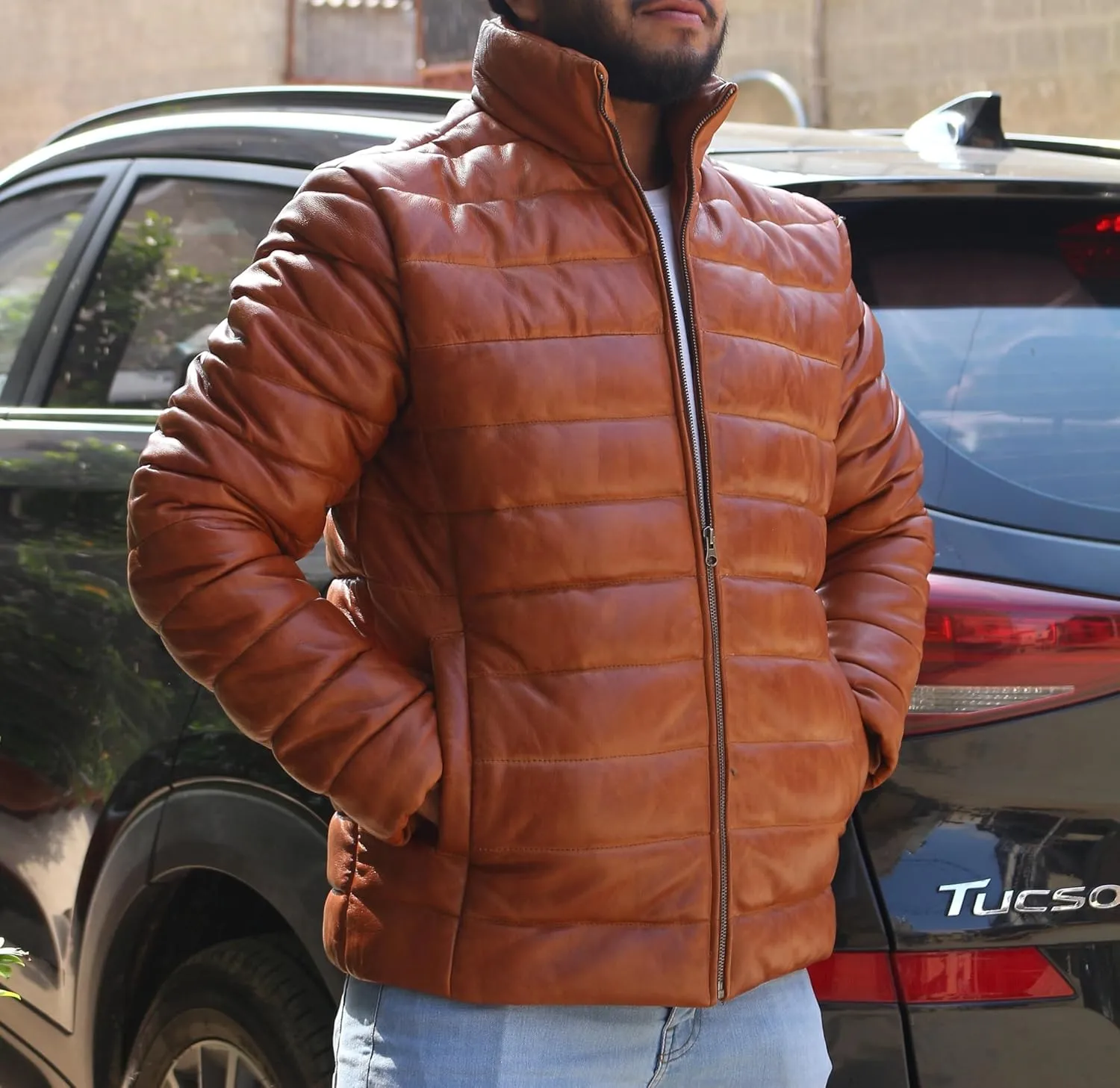 Mens Lambskin Leather Puffer Jacket for Men Real Down Quilted Puffer Coat Lightweight Zip-Up Puffer Jacket