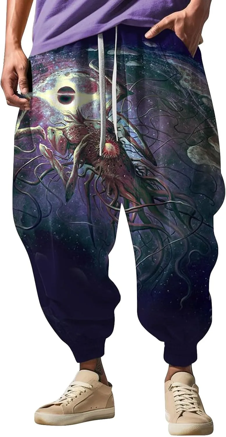 Men's Linen Harem Drawstring Pants Men's Autumn Fun Print Fashion Street Drawstring Workout Track Pants with Pockets