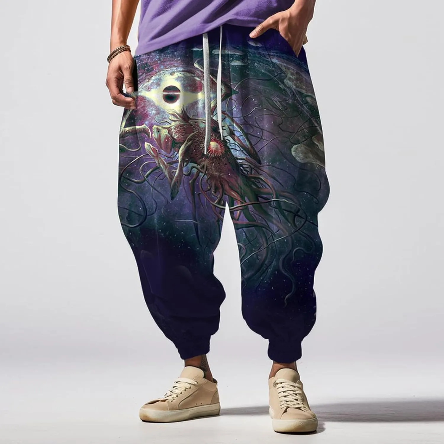 Men's Linen Harem Drawstring Pants Men's Autumn Fun Print Fashion Street Drawstring Workout Track Pants with Pockets