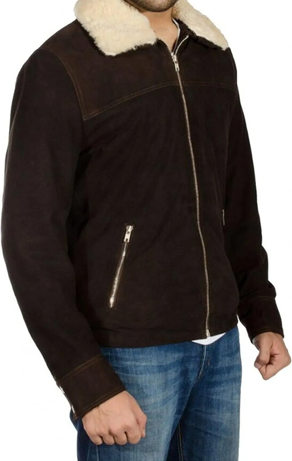 Mens Premium Brown Fur Shearling Collar Winter Cowboy Western Suede Leather Biker Jacket