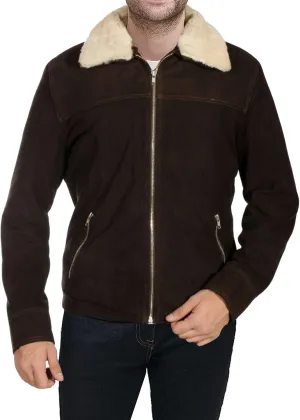 Mens Premium Brown Fur Shearling Collar Winter Cowboy Western Suede Leather Biker Jacket