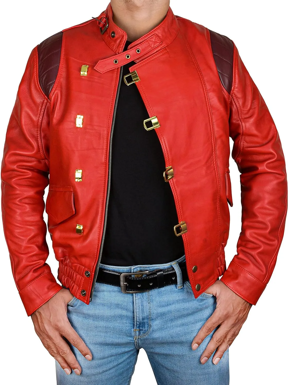 Men's Red Biker Bomber Costume Jacket  Faux Leather Motorcycle Cosplay Outfits