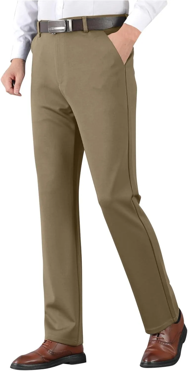 Men's Thicken Dress Pants Flat Front Slim Fit Business Work Pant Casual Straight Leg Suit Trousers with Pockets