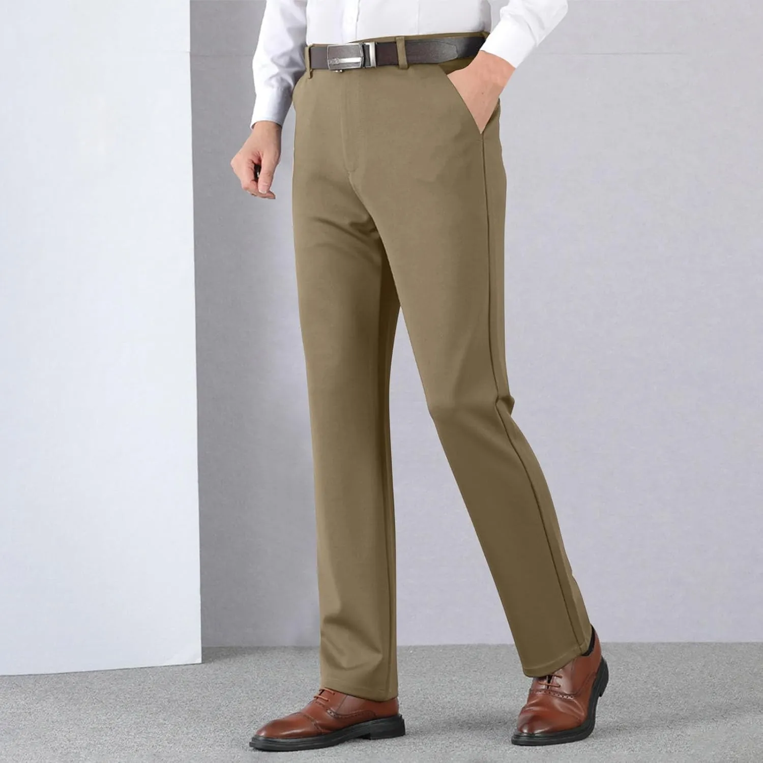 Men's Thicken Dress Pants Flat Front Slim Fit Business Work Pant Casual Straight Leg Suit Trousers with Pockets