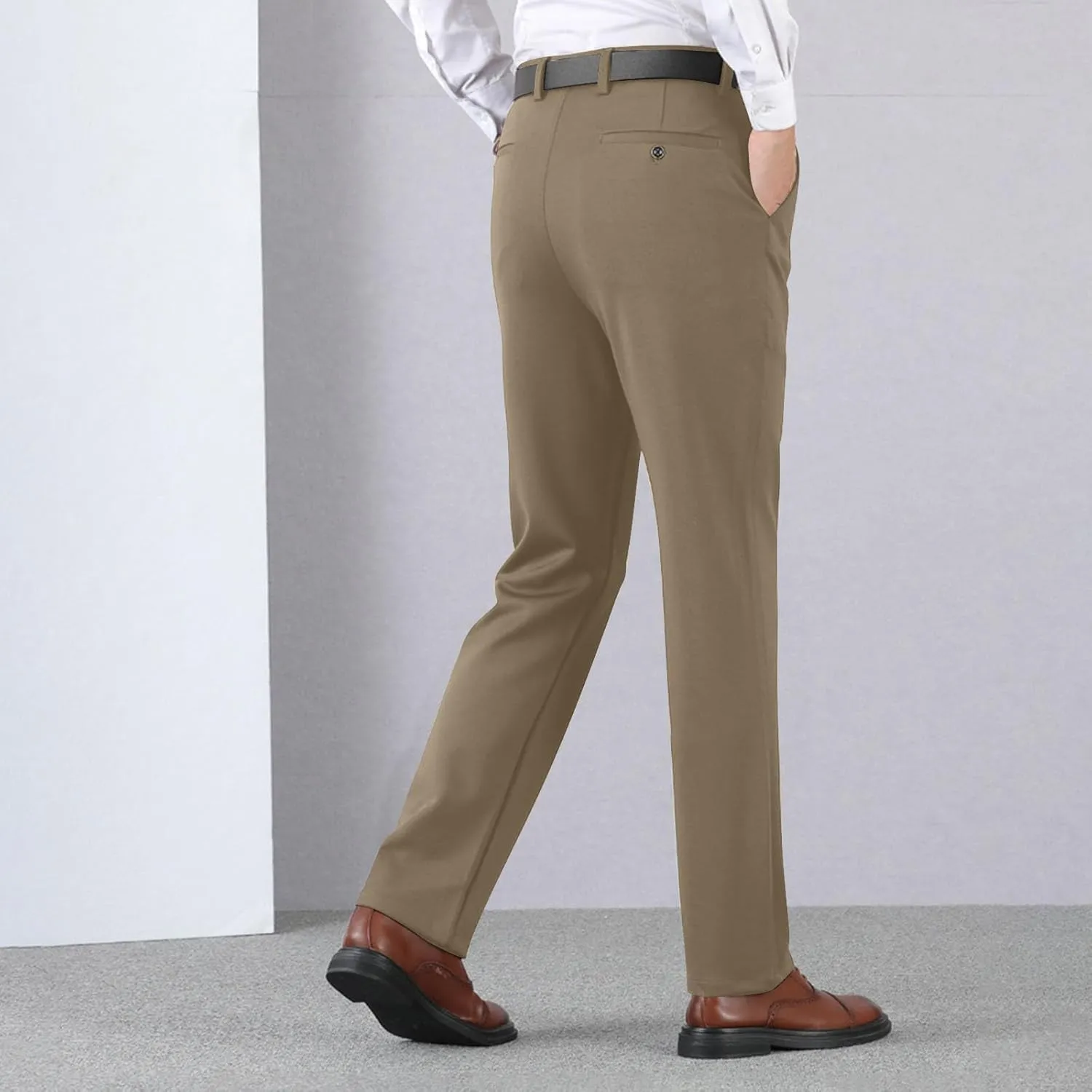 Men's Thicken Dress Pants Flat Front Slim Fit Business Work Pant Casual Straight Leg Suit Trousers with Pockets
