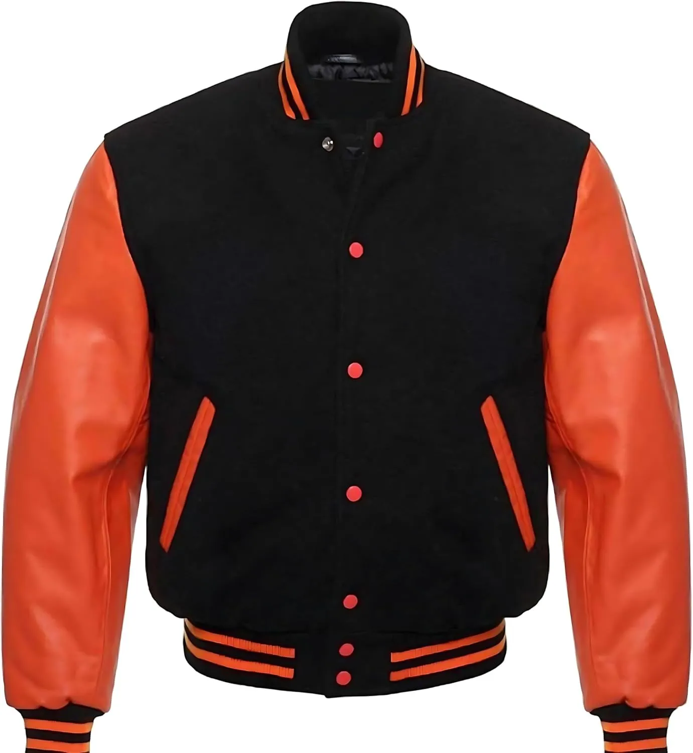 Men's Varsity Jacket Black Wool Real Orange Leather Sleeves Baseball College Bomber Letterman Jacket Lightweight