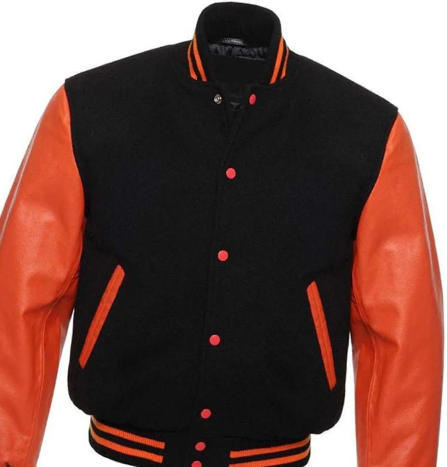 Men's Varsity Jacket Black Wool Real Orange Leather Sleeves Baseball College Bomber Letterman Jacket Lightweight