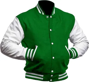 Men's Varsity Jacket Genuine Leather Sleeve Wool Blend Letterman Jacket - High School Baseball Bomber Jackets