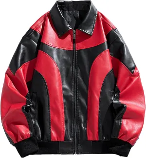 Men's Varsity Jacket Motorcycle Leather Jacket Fashion Color Block Baseball Leather Jacket Streetwear Bomber Coats