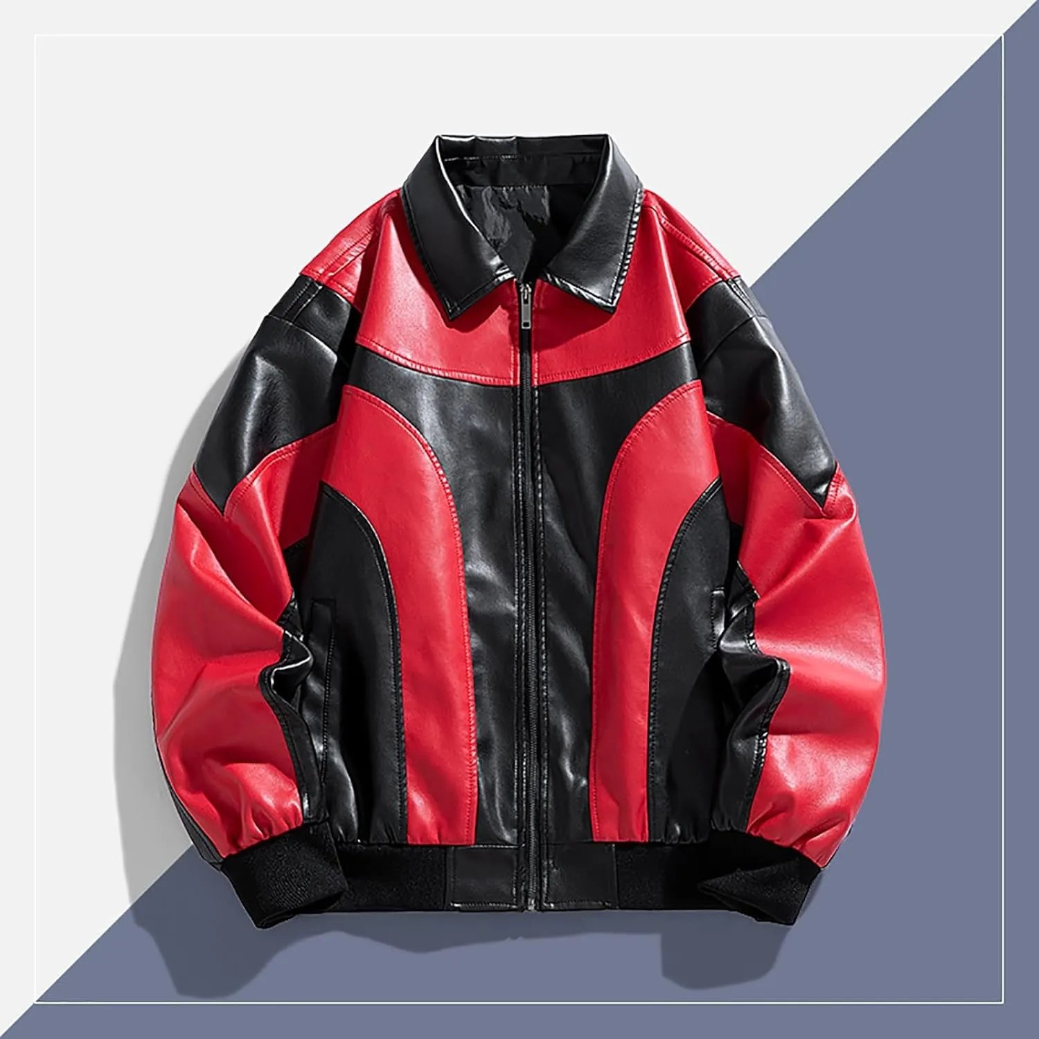 Men's Varsity Jacket Motorcycle Leather Jacket Fashion Color Block Baseball Leather Jacket Streetwear Bomber Coats