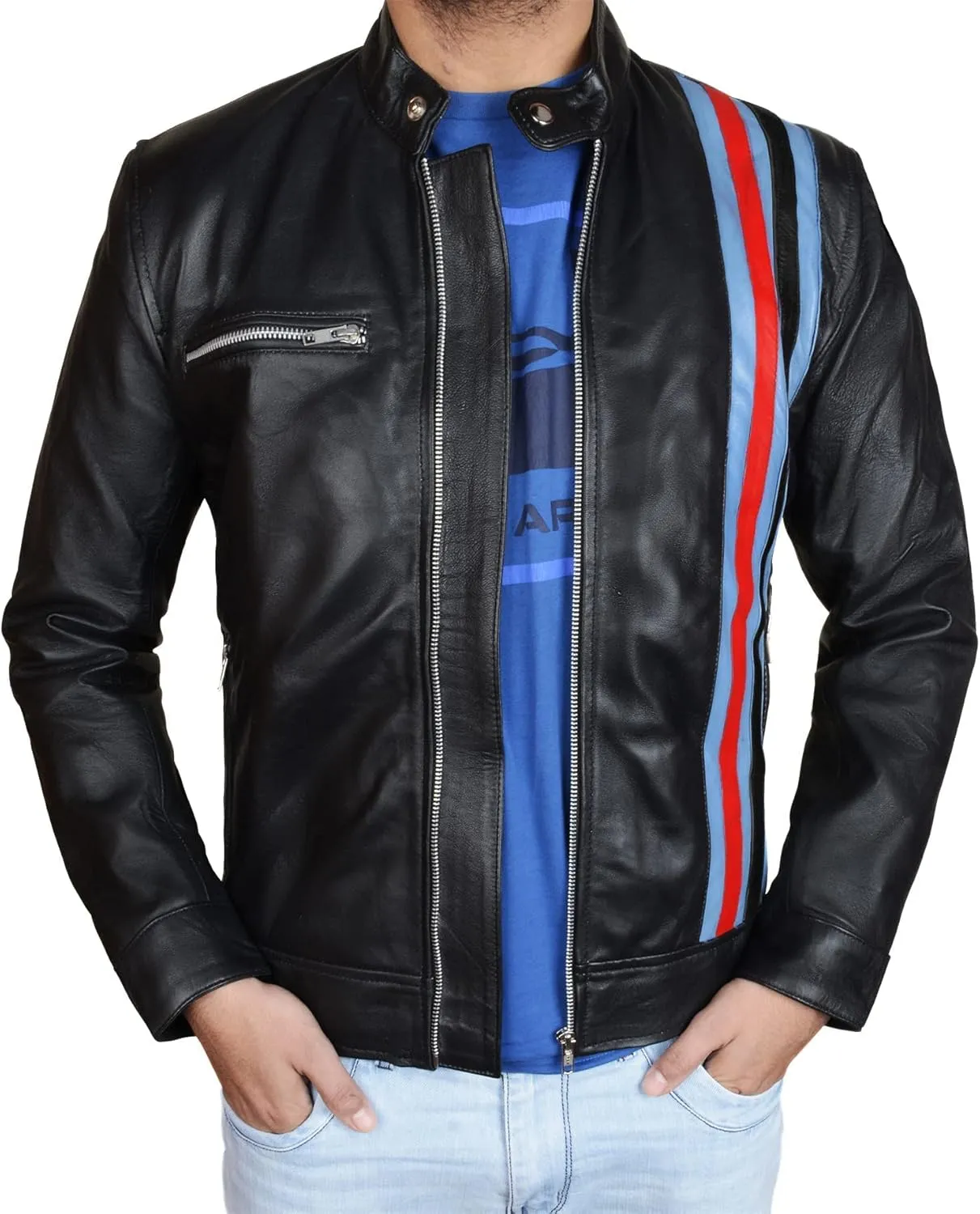 Mens Vintage Motorcycle Red Stripes Mayhem Black Biker Leather Jacket