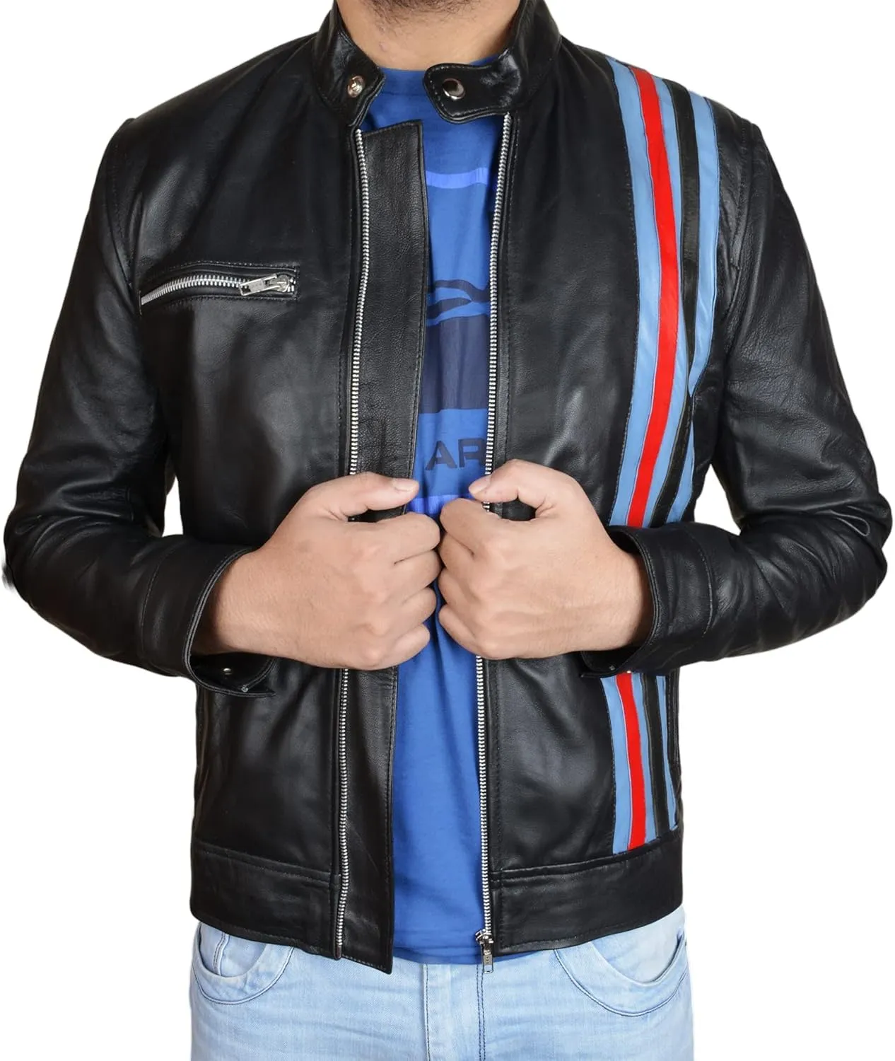 Mens Vintage Motorcycle Red Stripes Mayhem Black Biker Leather Jacket