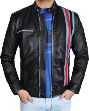 Mens Vintage Motorcycle Red Stripes Mayhem Black Biker Leather Jacket