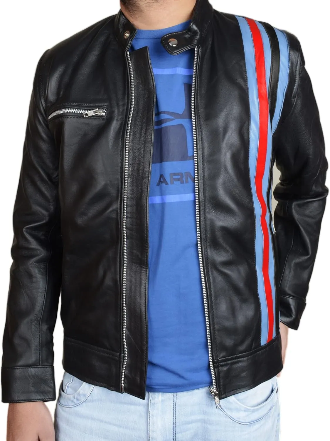 Mens Vintage Motorcycle Red Stripes Mayhem Black Biker Leather Jacket