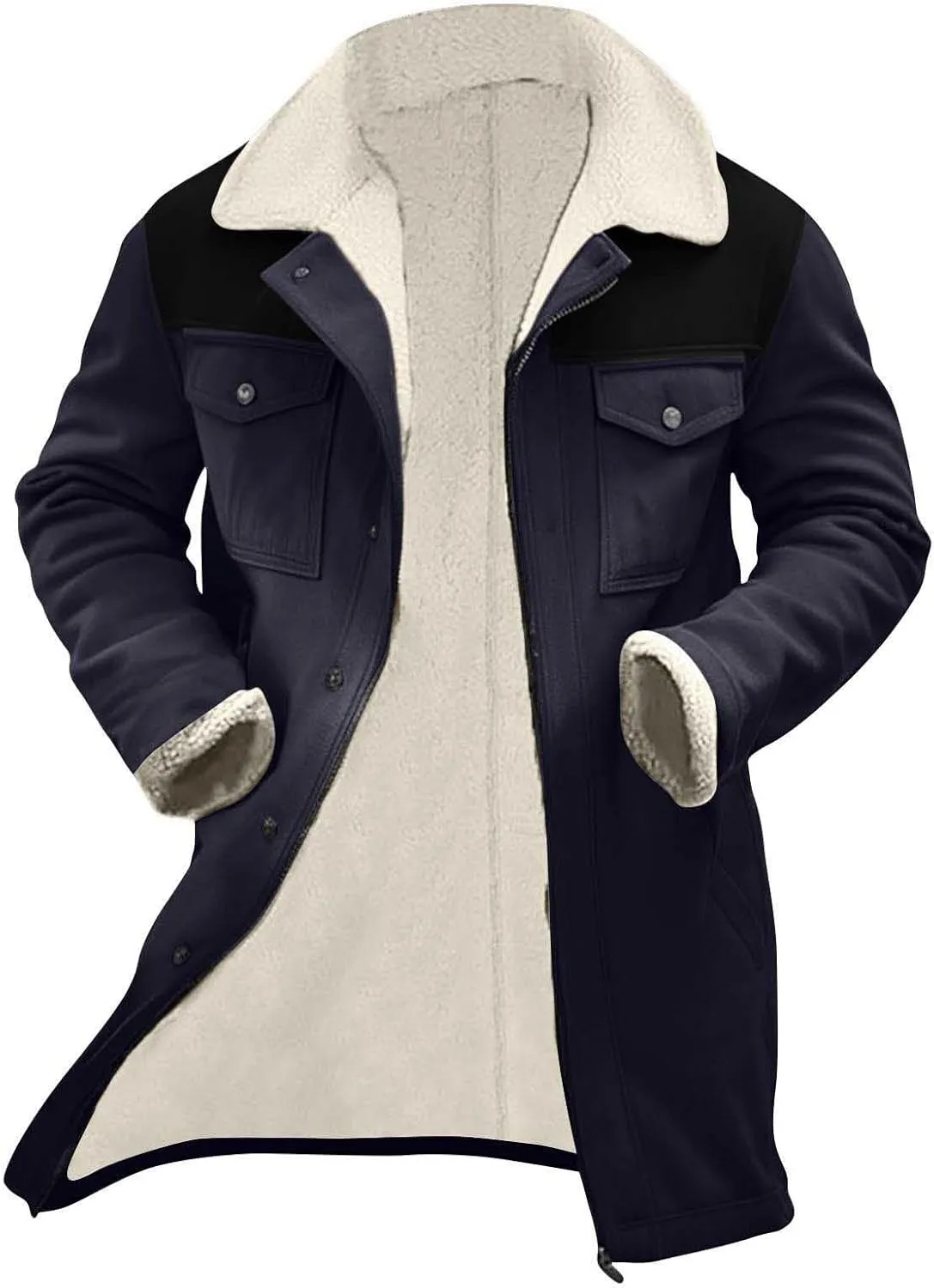Mens Winter Coats Vintage Suede Patchwork Lamb Fleece Long Jacket Trucker Warm Casual Coat Loose Thick Trench Coat