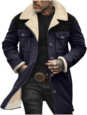 Mens Winter Coats Vintage Suede Patchwork Lamb Fleece Long Jacket Trucker Warm Casual Coat Loose Thick Trench Coat