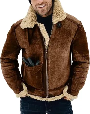 Men's Wool Bomber Coat Faux Leather Heavyweight Sherpa Fleece Lined Jackets Suede Faux Fur Trench-Coat