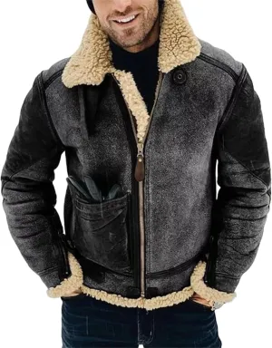 Men's Wool Bomber Coat Faux Leather Heavyweight Sherpa Fleece Lined Jackets Suede Faux Fur Trench-Coat