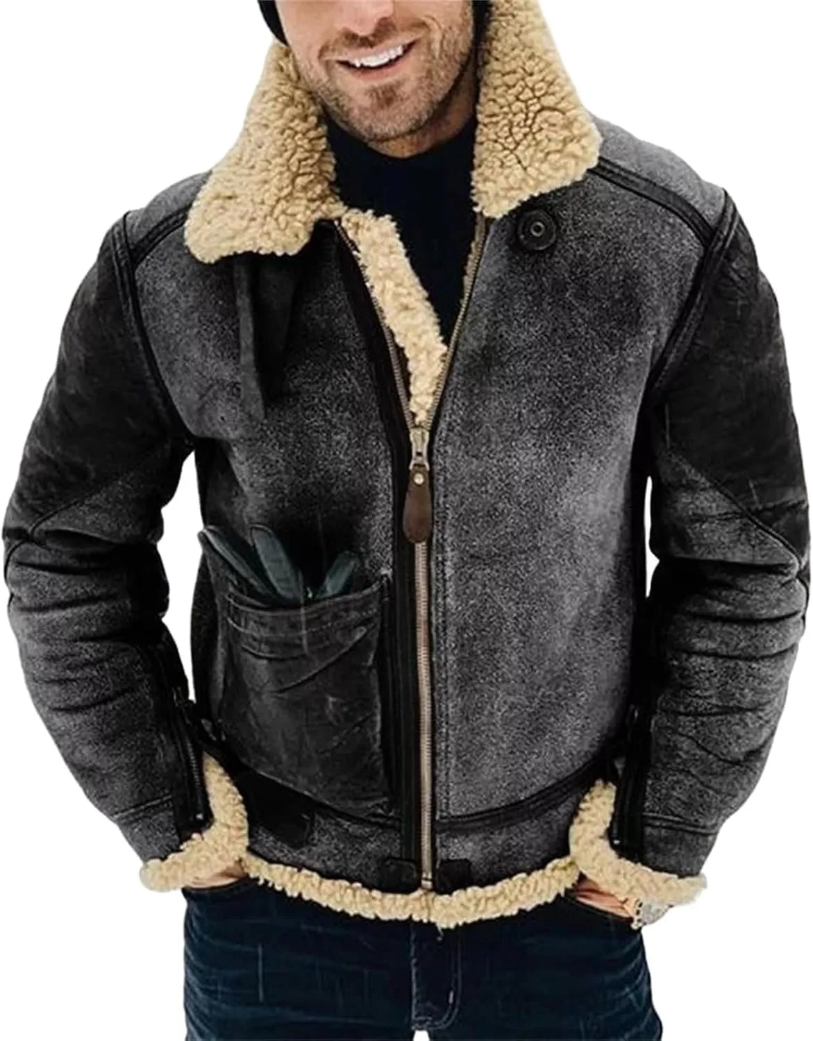 Men's Wool Bomber Coat Faux Leather Heavyweight Sherpa Fleece Lined Jackets Suede Faux Fur Trench-Coat