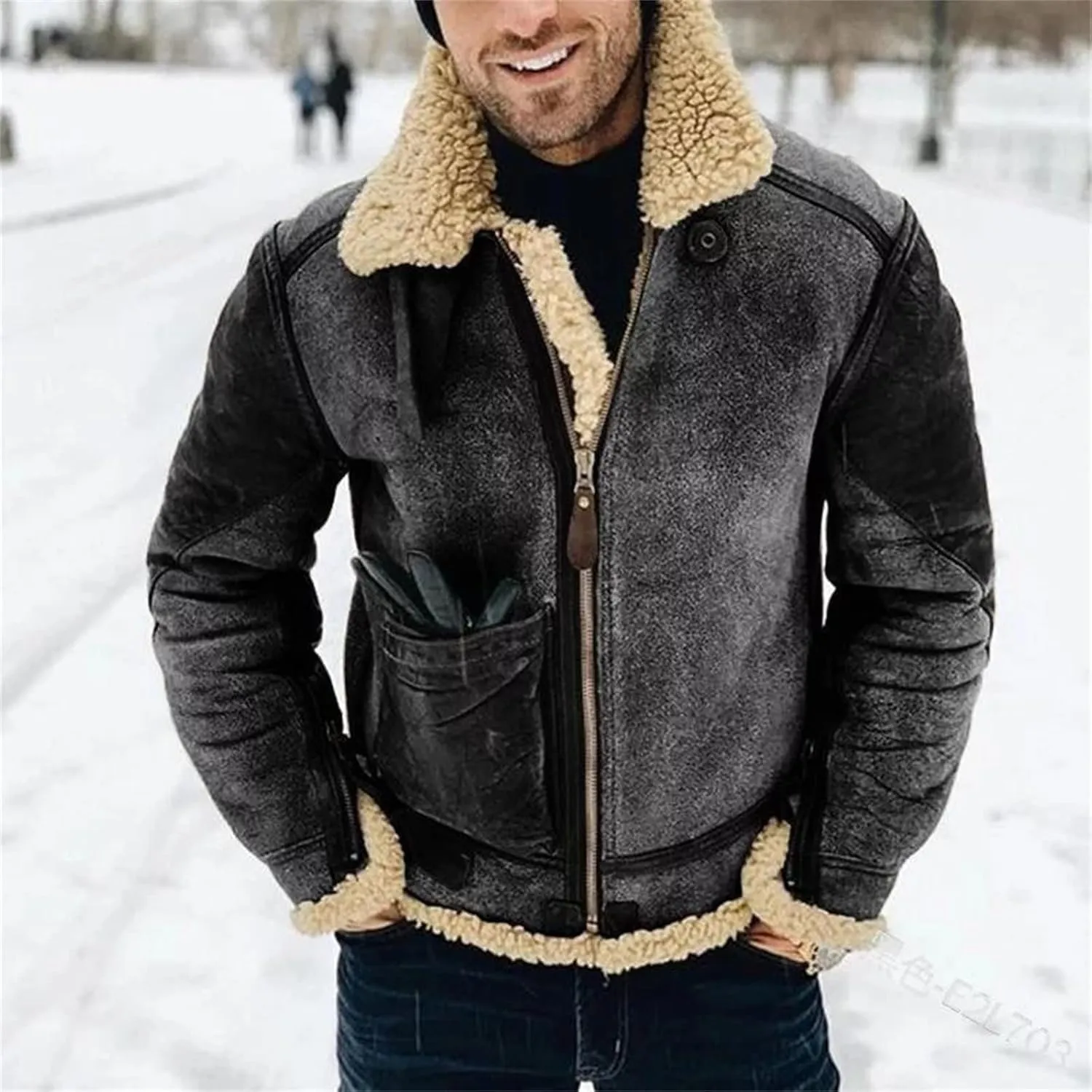 Men's Wool Bomber Coat Faux Leather Heavyweight Sherpa Fleece Lined Jackets Suede Faux Fur Trench-Coat
