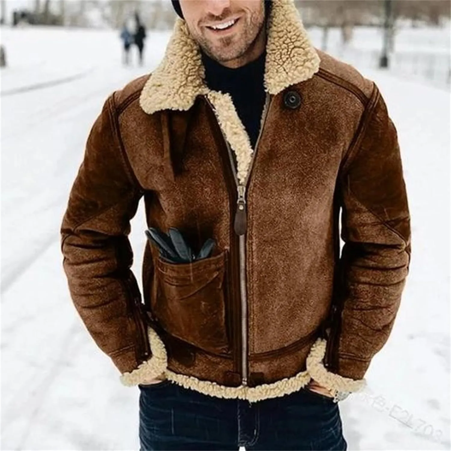 Men's Wool Bomber Coat Faux Leather Heavyweight Sherpa Fleece Lined Jackets Suede Faux Fur Trench-Coat