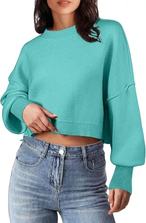 MEROKEETY Women's 2025 Crewneck Cropped Sweater Fall Batwing Sleeve Oversized Side Slit Ribbed Knit Pullover Jumper Tops
