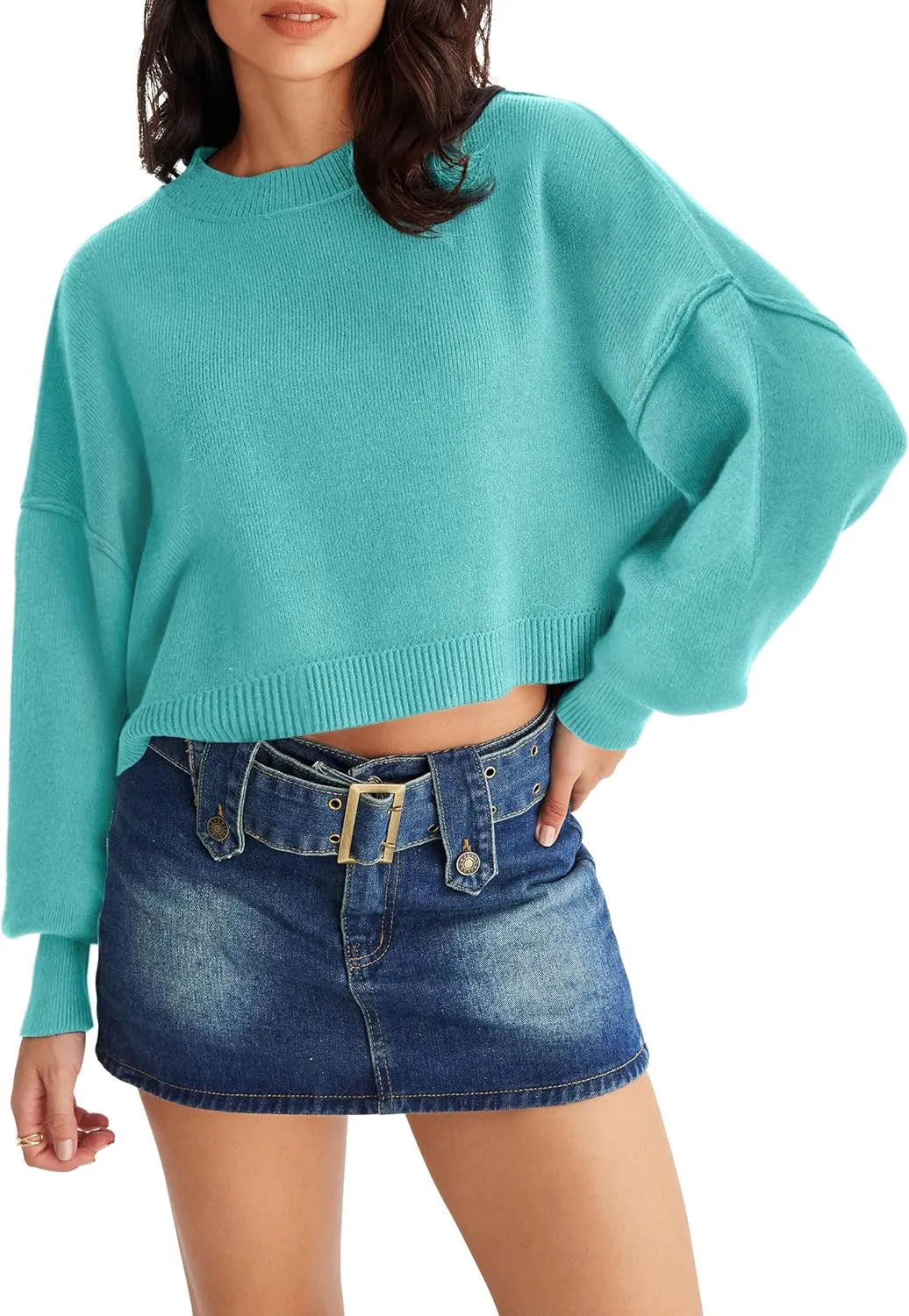 MEROKEETY Women's 2025 Crewneck Cropped Sweater Fall Batwing Sleeve Oversized Side Slit Ribbed Knit Pullover Jumper Tops