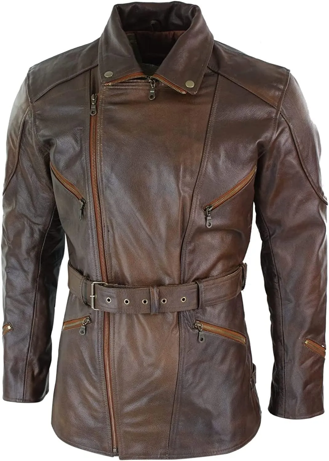 Mid Length Mens Genuine Cow Hide Leather Car Coat 3/4 Quarter Motorcycle Black Long Jacket - Winter Outerwear