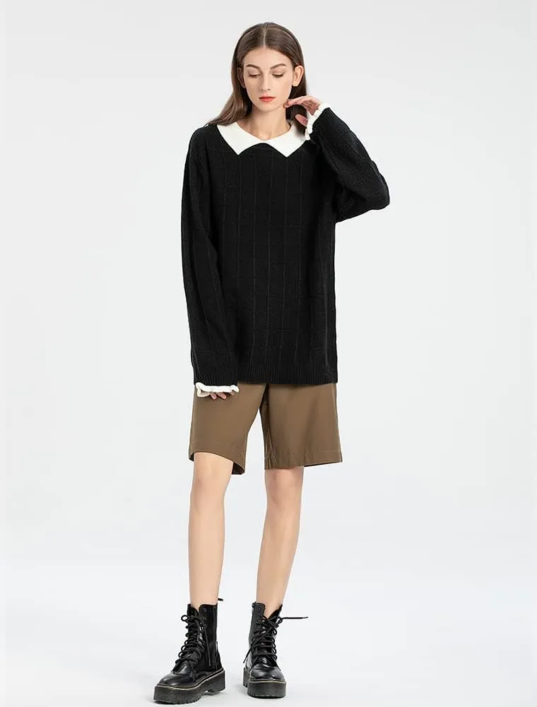 Minibee Women's Pan Collar Knitted Sweater Casual Pullover Sweatshirt