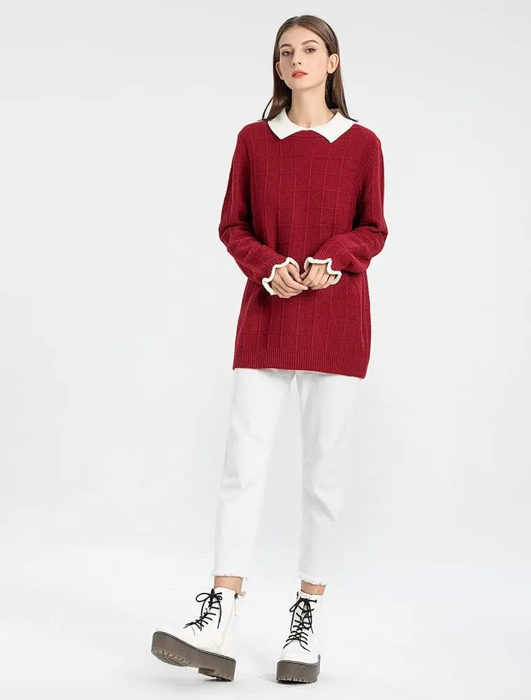 Minibee Women's Pan Collar Knitted Sweater Casual Pullover Sweatshirt