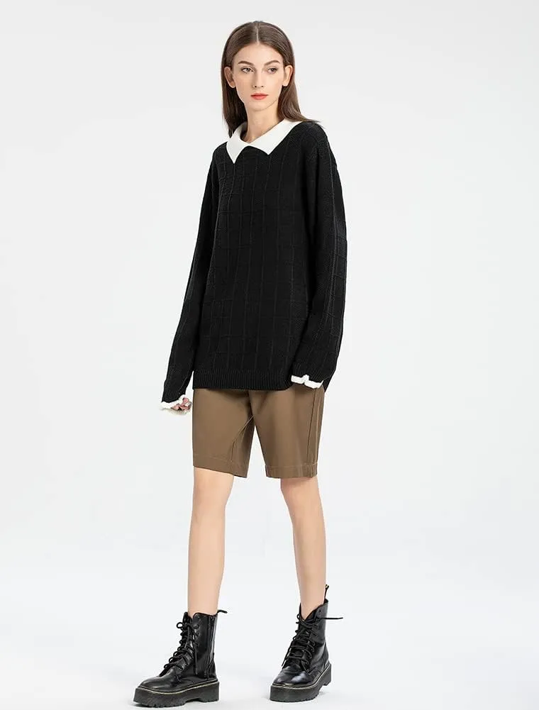 Minibee Women's Pan Collar Knitted Sweater Casual Pullover Sweatshirt